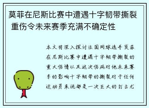 莫菲在尼斯比赛中遭遇十字韧带撕裂 重伤令未来赛季充满不确定性