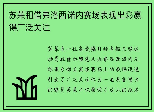 苏莱租借弗洛西诺内赛场表现出彩赢得广泛关注